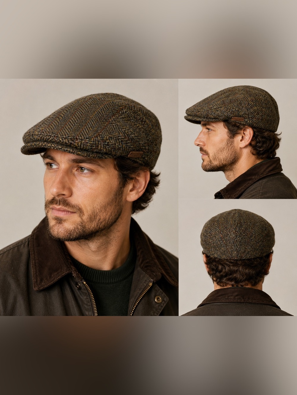 RJR John Rocha Harris Tweed Wool Newsboy Flat Cap Hat Brown Herringbone Size S/M
